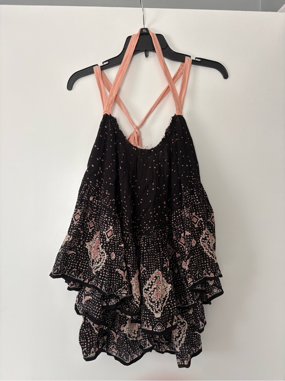 Free People Black Tank Top with Pink Patterned Hem and Pink Straps